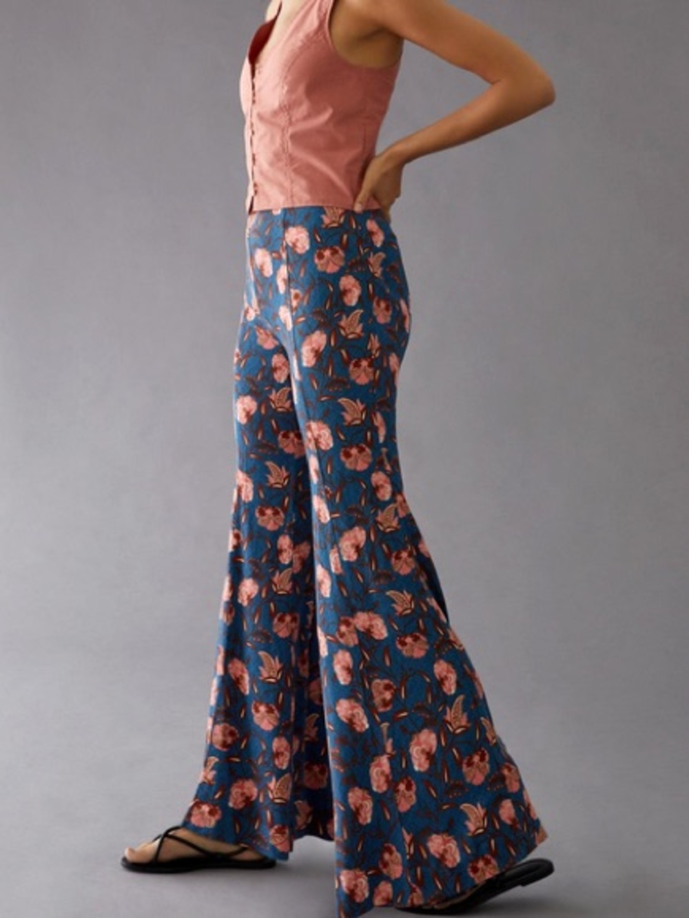 Anthropologie Drapey Flare Pants Blue Floral Boot-Cut Pants with Pink Flowers